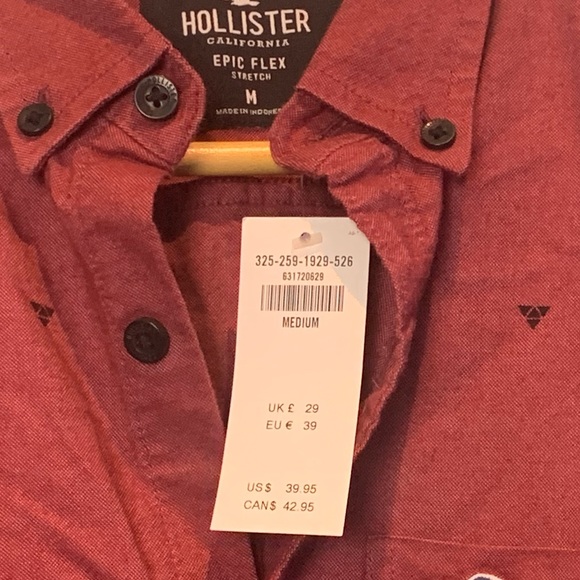 New, never-worn men's size medium Hollister Epic Flex Red button-up shirt. - Picture 4 of 4